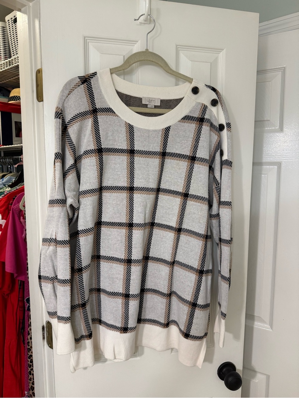 LOFT Light Gray Plaid Crewneck Sweater with Button-Shoulder